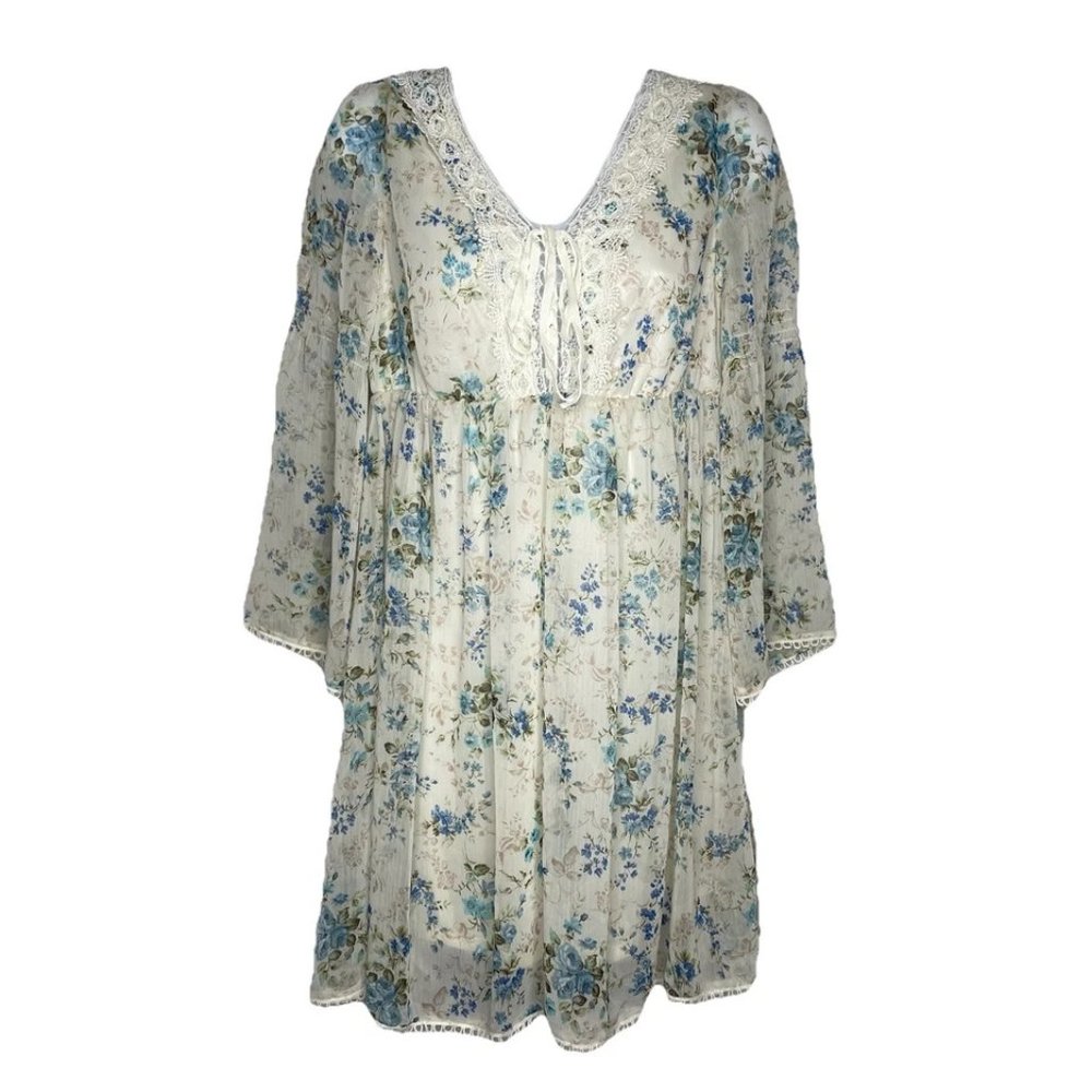 Olive Des Olive Sheer Ivory White Blue Floral Overlay 3/4 Bell Sleeve Mi…